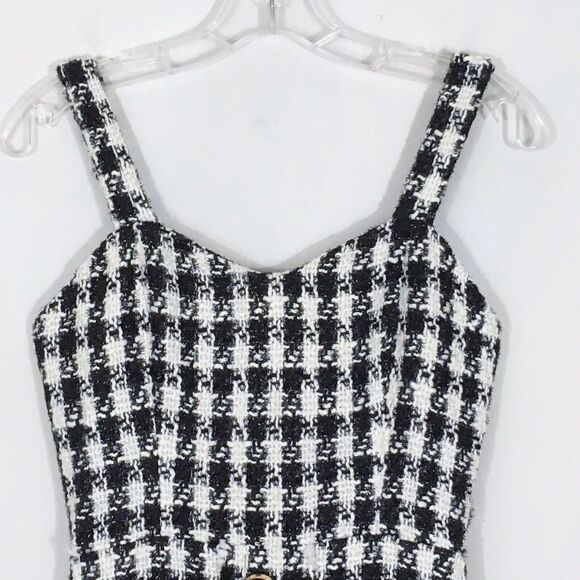 NWT J.O.A. Tweed Fringe Houndstooth Print Sleeveless Sheath Dress Split Hem XS - Picture 6 of 15